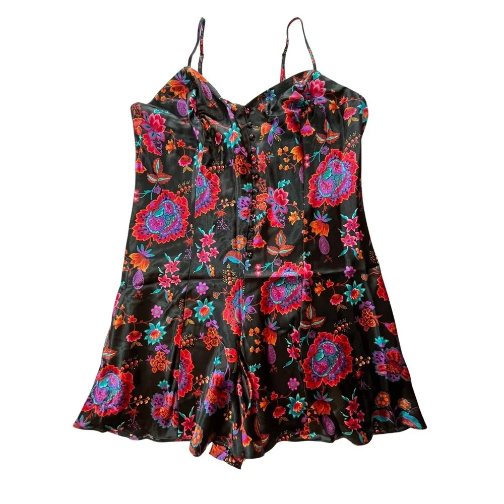 Vintage 90s Cacique Lingerie Negligee Romper Black‎ Floral Sleepwear Sexy L